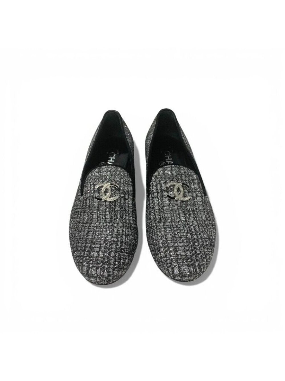 Chanel Flat Shoes Fabric Leather Silver Black Opera CC Logo - Picture 2 of 10
